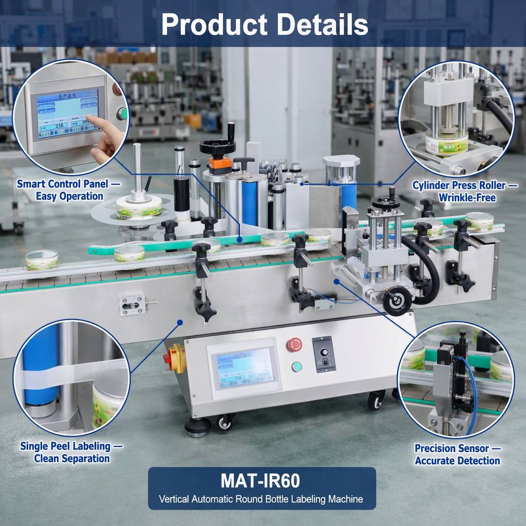 Round Bottle Labeling Machine Electric Motor PLC Control for Cosmetic Beverage Glass Plastic Bottle Labeling Machine - Image 6